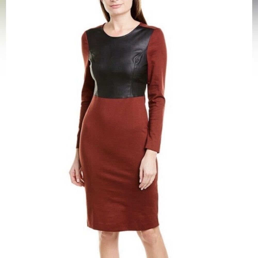 BCBG x MaxAzria *Faux Leather Long Sleeve* Panel Dress | XS | Burgundy & Black